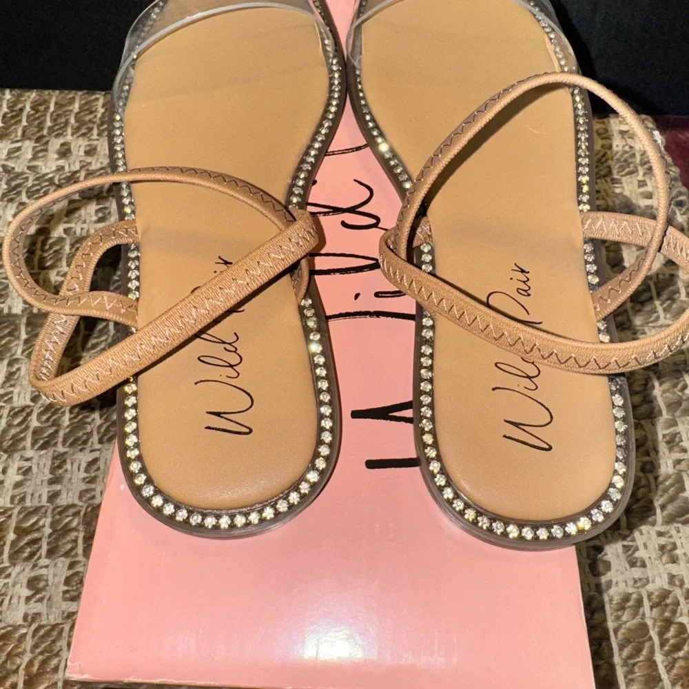 Wild Diva Beige Sandals with Rhinestone Trim - Picture 4 of 6